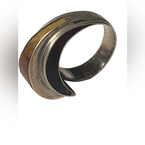 Vintage FCA Amber Inlay Taxco Mexico Sterling Silver Modernist Unique Men’s Ring - Picture 12 of 14